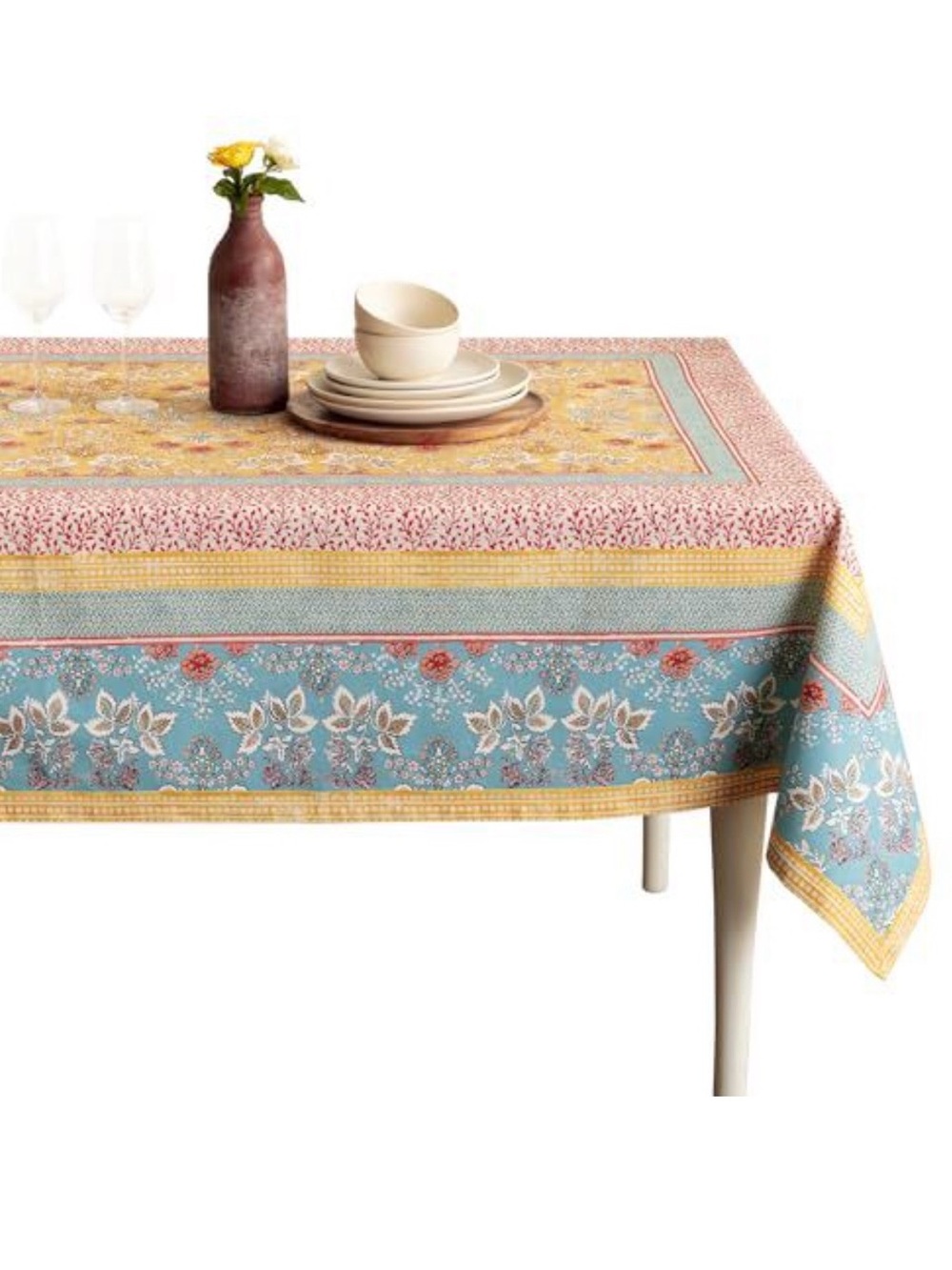 Multicolor Floral Patchwork Tablecloth — Blue, Yellow & Pink